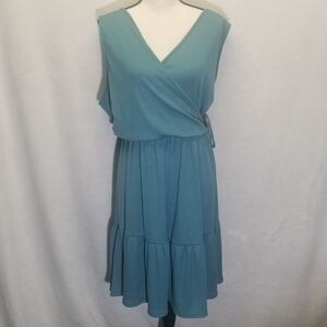 Gilli 3X Dress Teal Faux Wrap Ribbed Knit Soft Midi Tiered Classic Preppy NEW